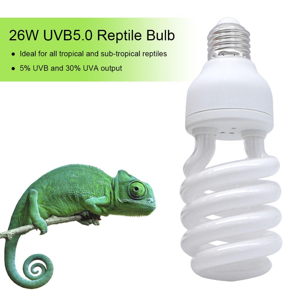 Yimidool Uvb Light For Reptiles, 26W 5.0 Reptile Heat Lamp Bulbs, Uva Uvb Reptiles Light Bulbs Ideal For Rainforest Reptiles, Be